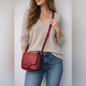Tory Burch Amanda Round Crossbody Bag Red Pebbled Leather